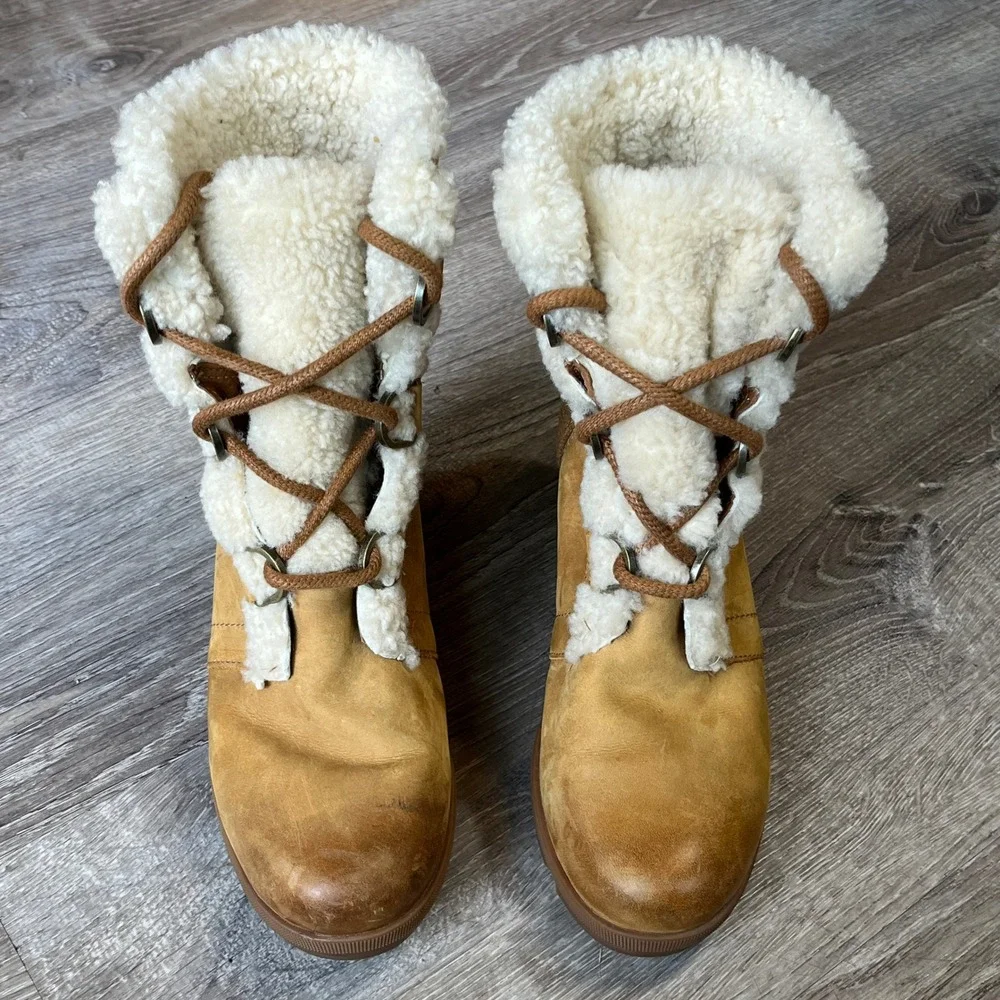 Sorel Joan of Arctic Wedge II Shearling Boots Camel Brown NL3021-224 Womens 8.5